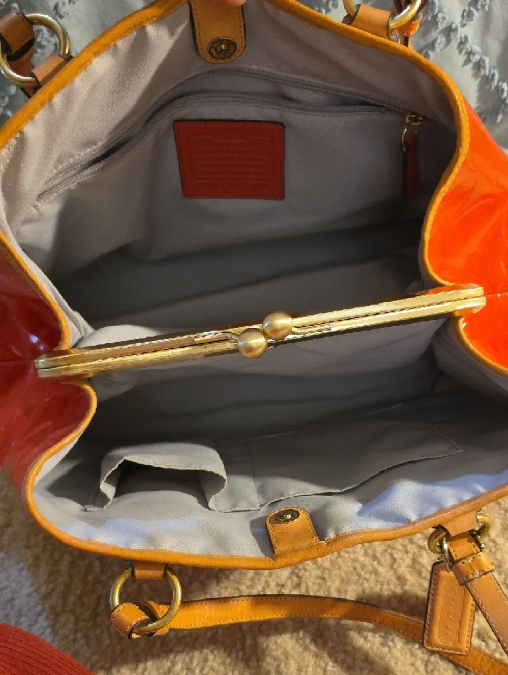 Coach Orange Patent Leather Shoulder Bag with Charm - Picture 3 of 5